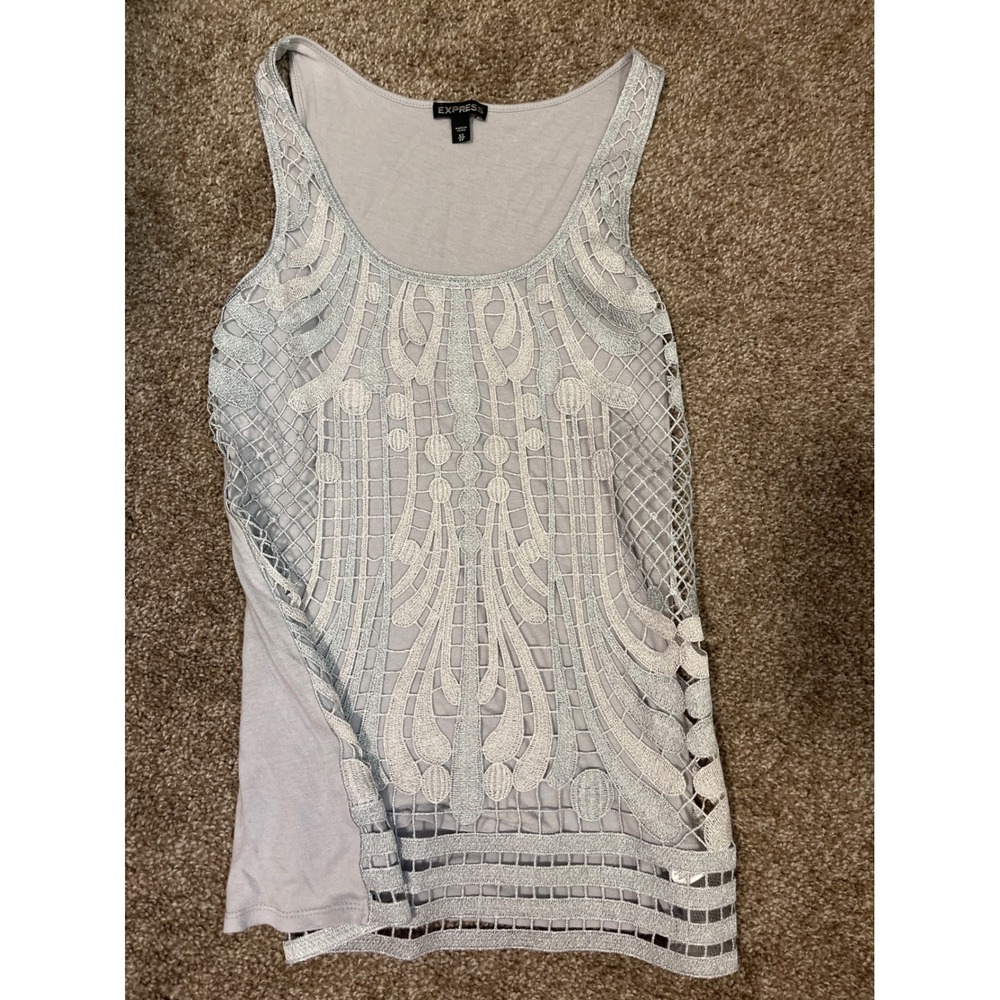 EXPRESS Women Sheer Lace Overlay Tank Top Silver Sparkle Casual Evening XS